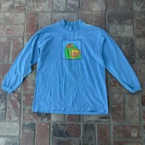 Vintage Blue Mockneck Long Sleeve T-Shirt Cactus Flower 90s